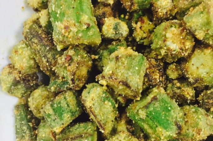 Lightly Fried Okra on a white plate