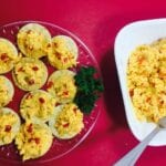 Sue’s Kicked Up Pimiento Cheese on a red tablecloth