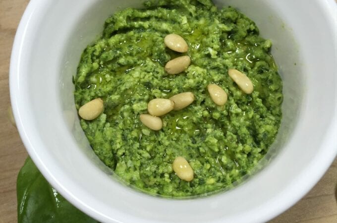 Pesto in a white dish