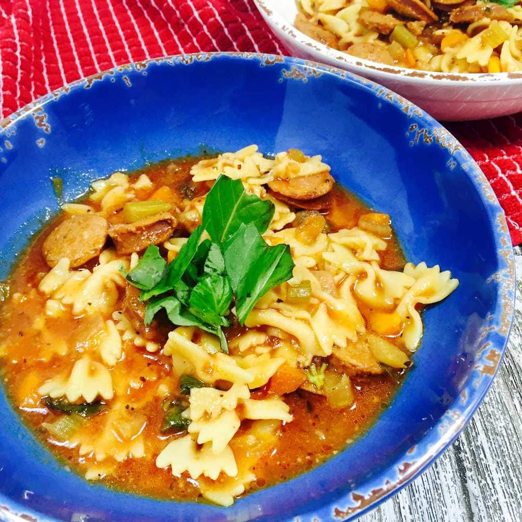 Tuscan Soup in a blue bowl