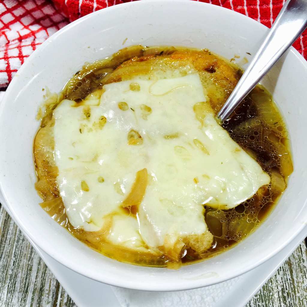 French Onion Soup in a white bowl