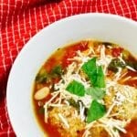 Tuscan Chicken Soup in a white bowl
