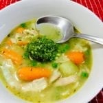 Chicken Pesto Soup in a white bowl