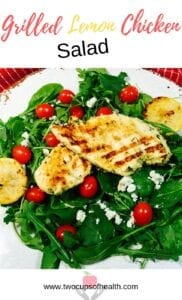 pinterest pin for Grilled Lemon Chicken Salad on a white plate