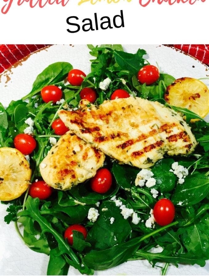 pinterest pin for Grilled Lemon Chicken Salad on a white plate