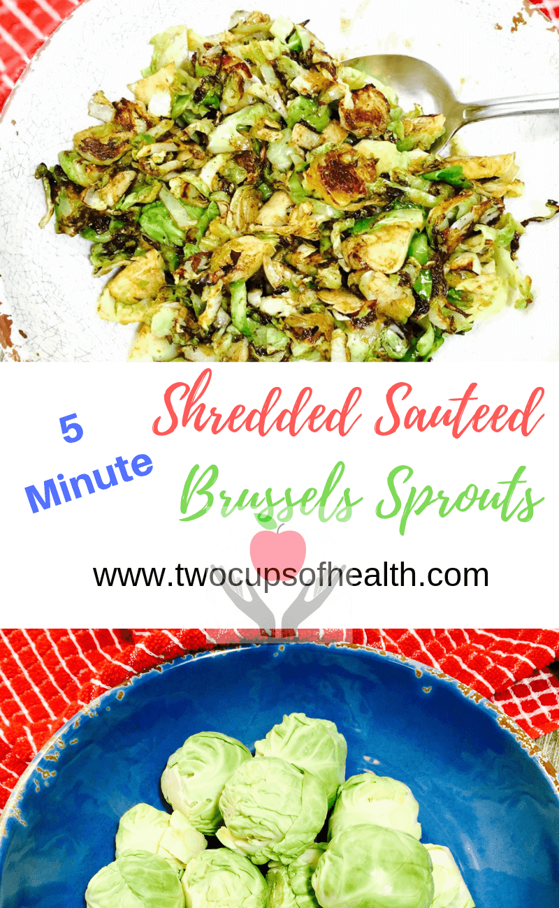 raw and sautéed shredded brussels sprouts on a Pinterest Pin