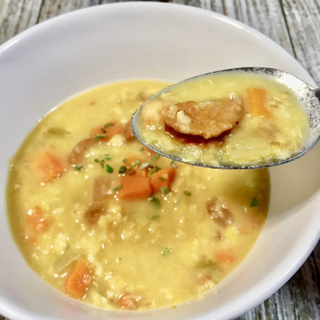 Lentil soup in a white bowl