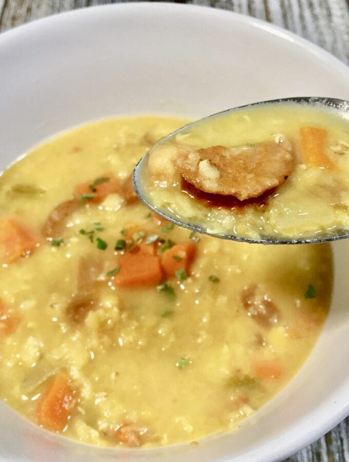 Lentil soup in a white bowl
