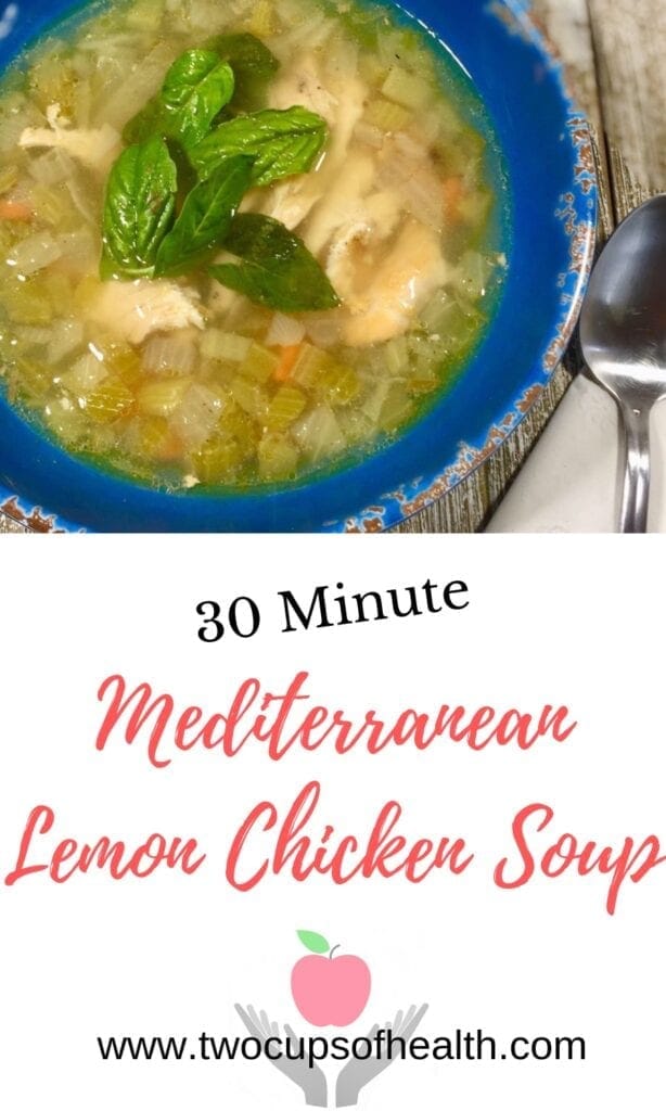 30 Minute Mediterranean Lemon Chicken Soup in a blue bowl