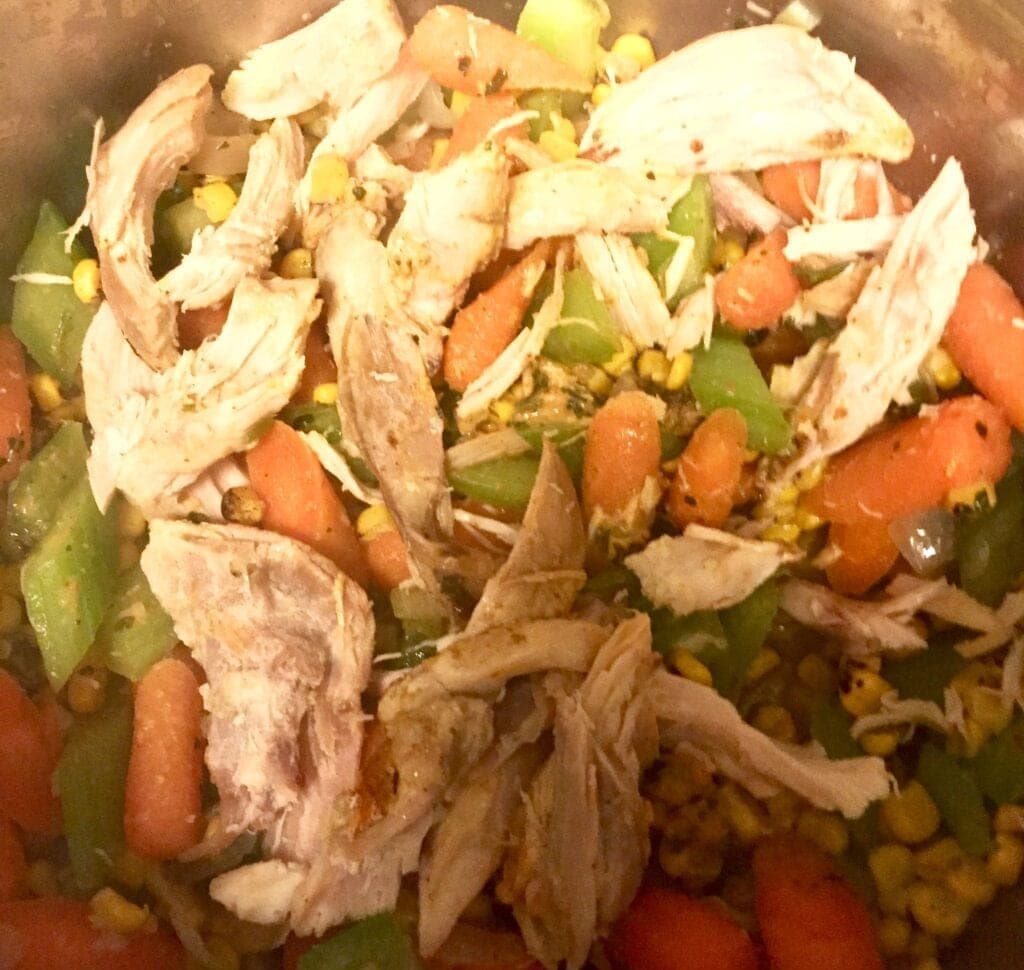 Chicken, carrots, celery and onions cooking in a pot