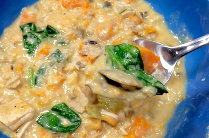 creamy chicken soup in a blue bowl