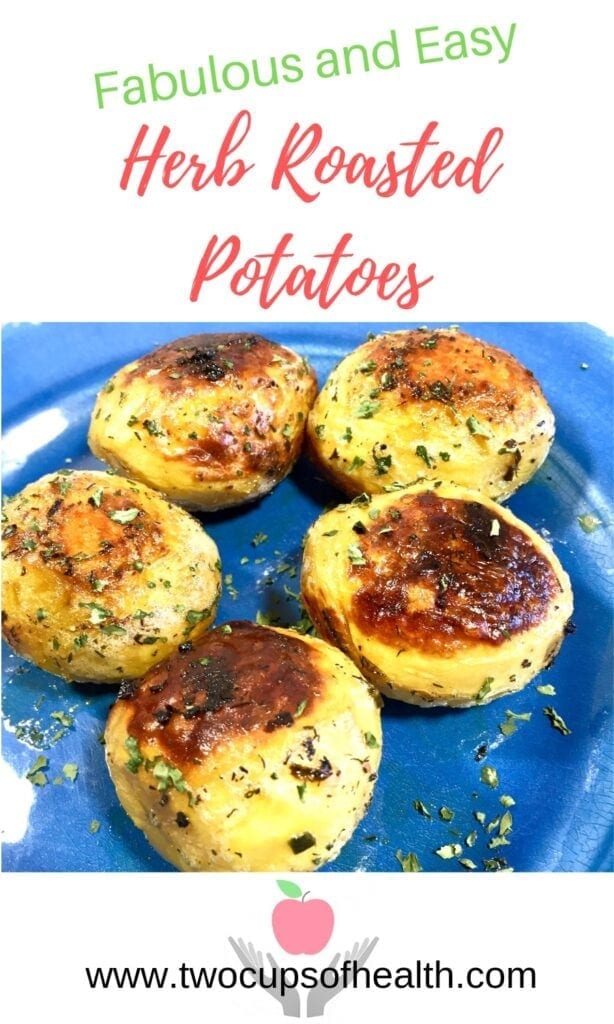 Pinterest Pin Herb Roasted Potatoes on a blue plate