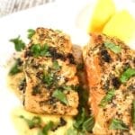 Garlic Butter Salmon on a white plate