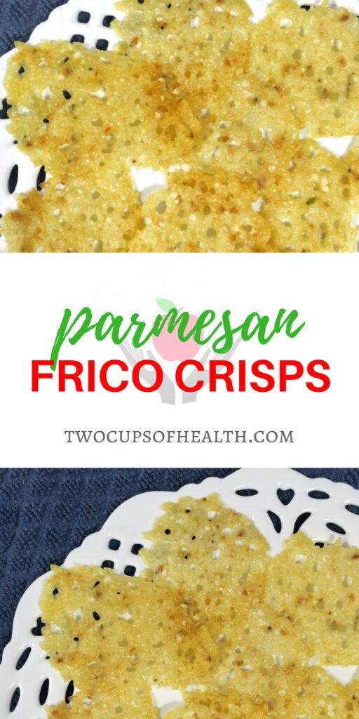 Pinterest pin with lacy cheese crackers on a white plate