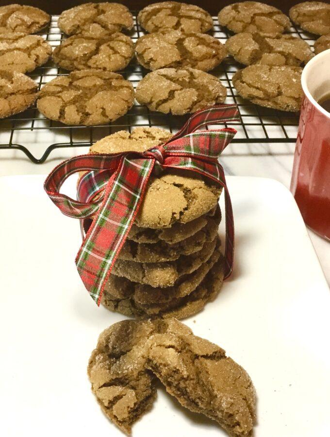 Stacked Molasses Ginger cookies tied with a bow