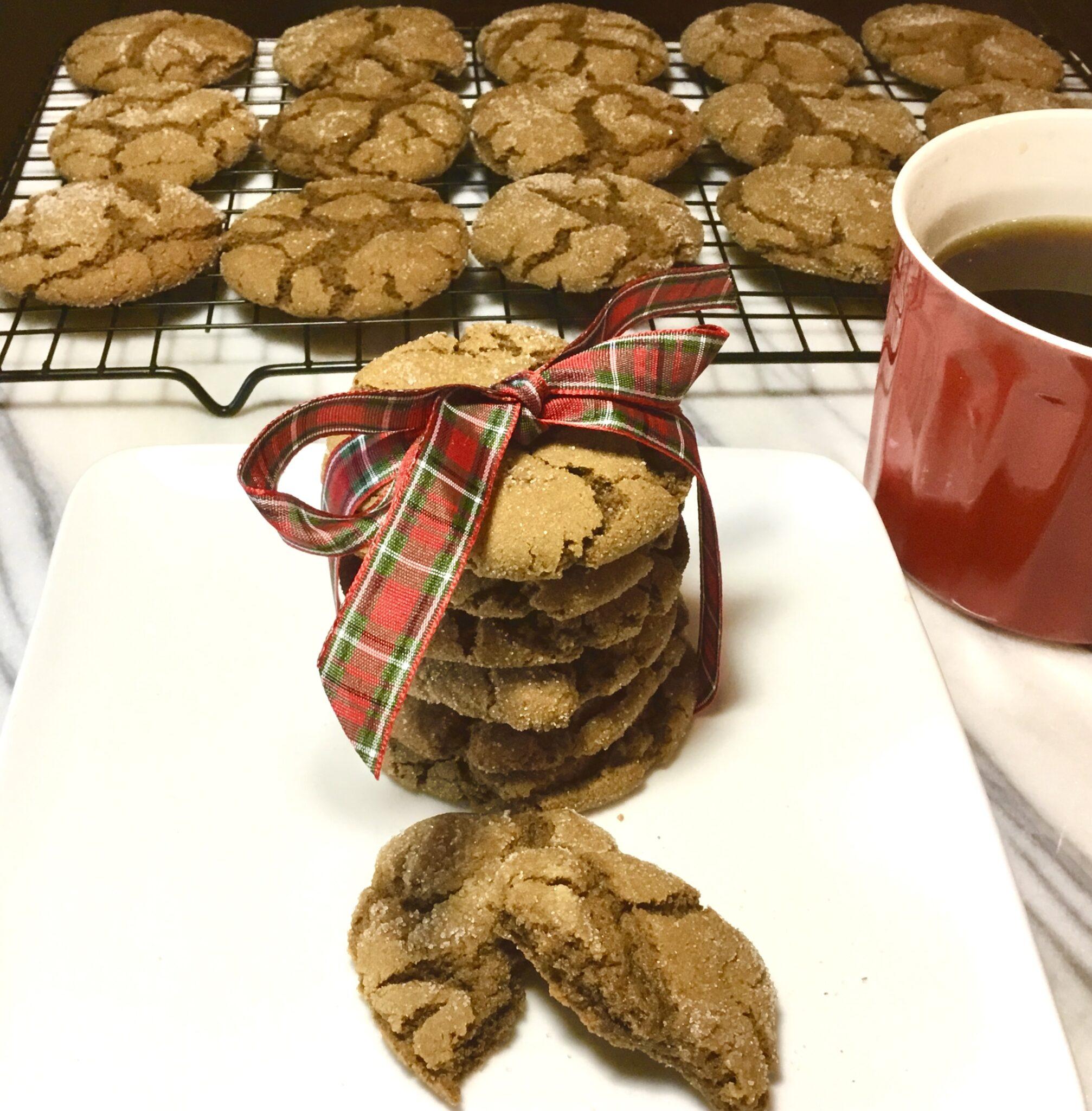 Stacked Molasses Ginger cookies tied with a bow